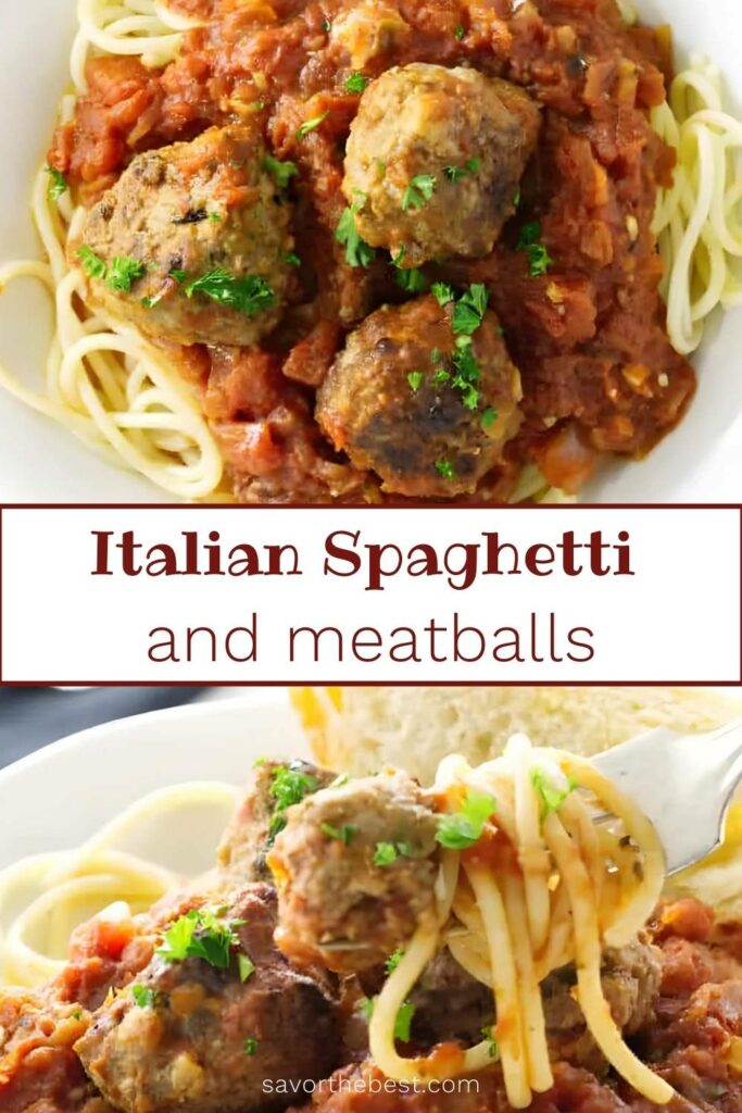 Two photos of Italian meatball sauce and spaghetti noodles.