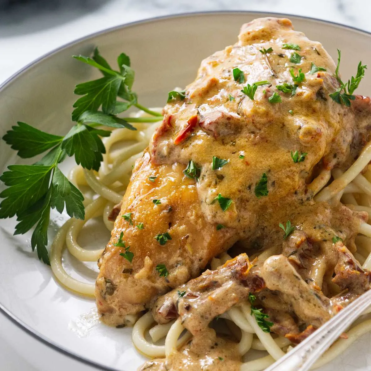 A serving of chicken with sundried tomato sauce on noodles.