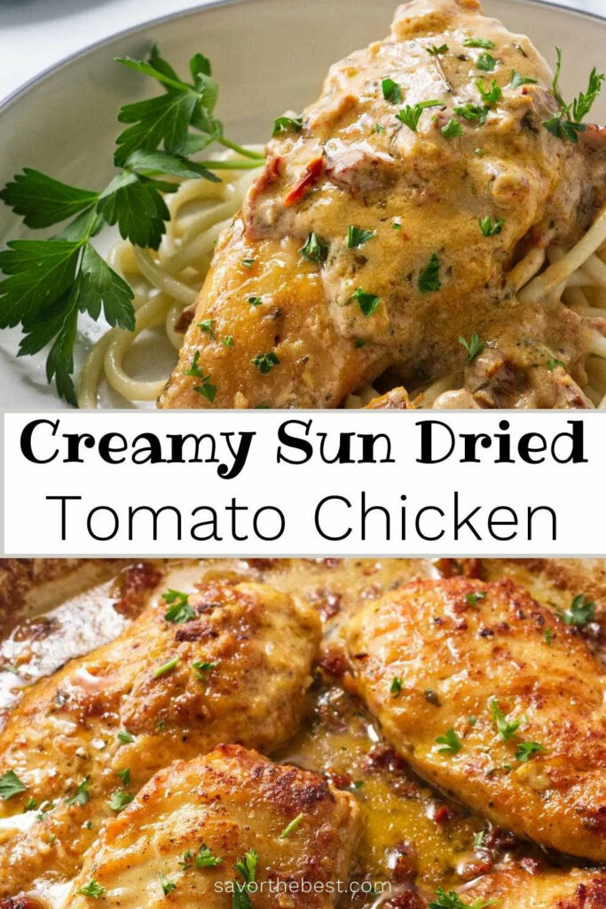 A pinterest pin for tomato chicken with text overlay.