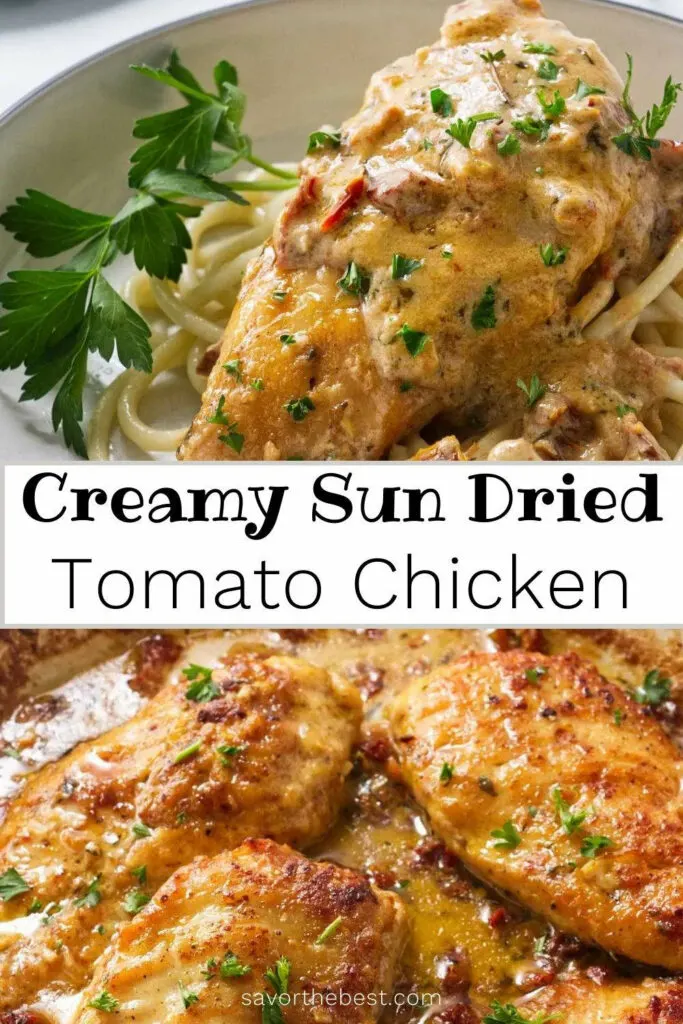 A pinterest pin for tomato chicken with text overlay.