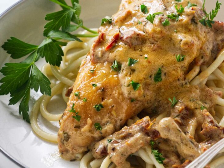 A plate with chicken and sundried tomato sauce on a bed of pasta.