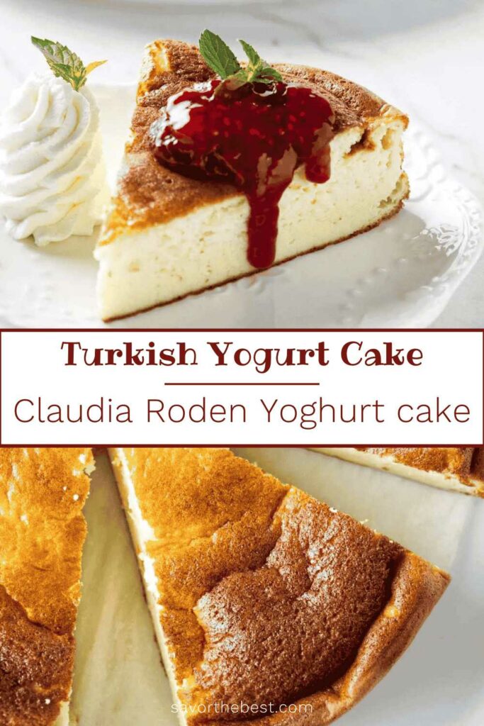 Two photo of a souffle yogurt cake with text overlay.