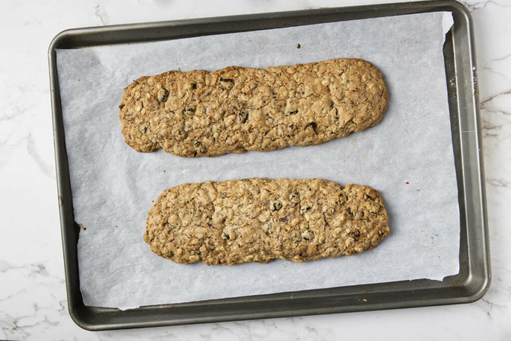 Biscotti after the first bake and before slicing it into individual cookies.