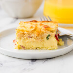 A slice of an egg bake with cottage cheese recipe.