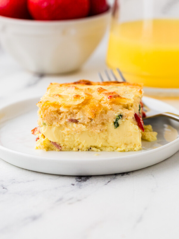 A slice of an egg bake with cottage cheese recipe.