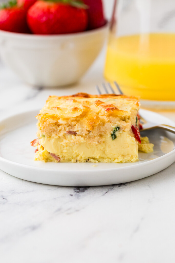 A slice of an egg bake with cottage cheese recipe.