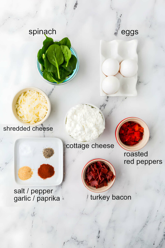 Ingredients used to make high protein egg bake with cottage cheese.