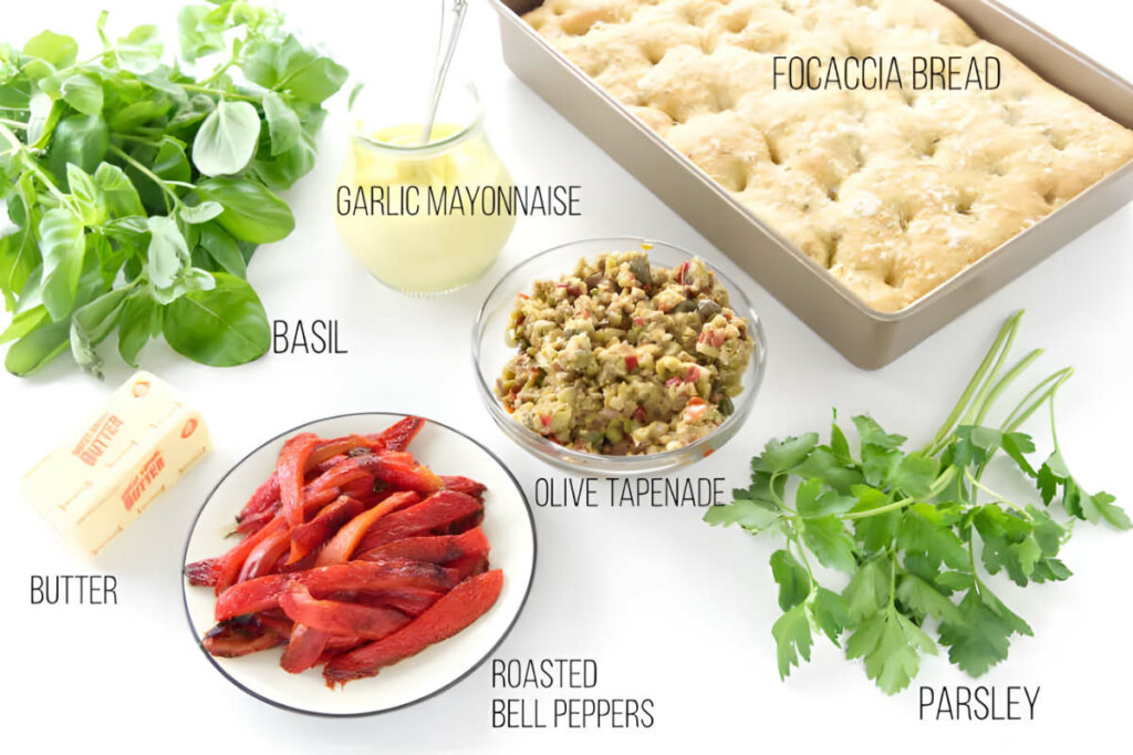 Ingredients used to make a focaccia picnic sandwich.