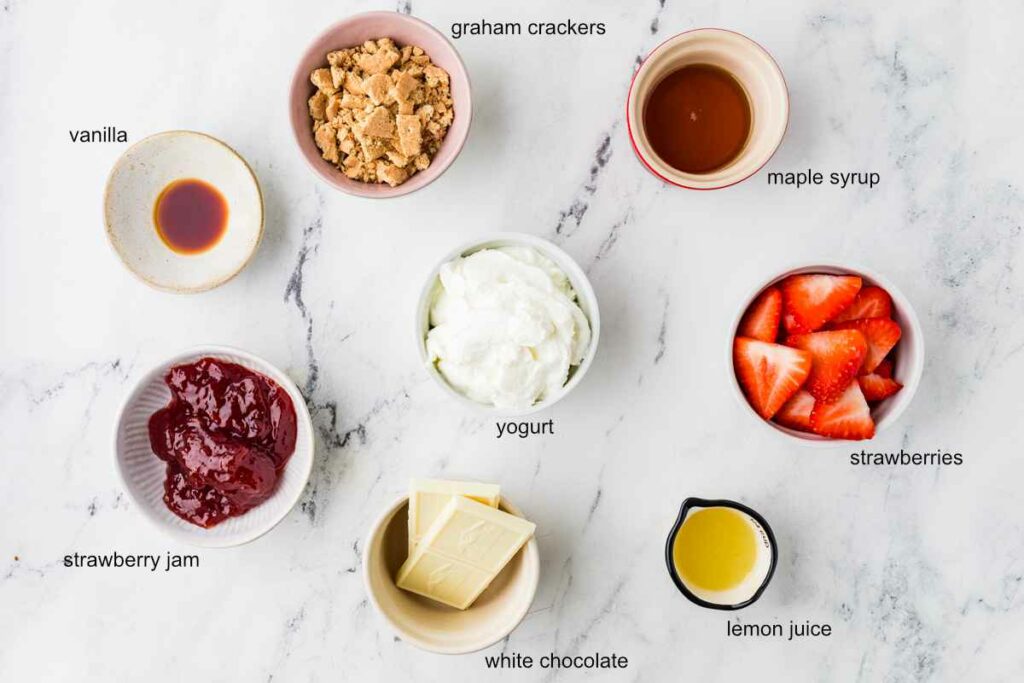 Ingredients used to make frozen strawberry yogurt bark.