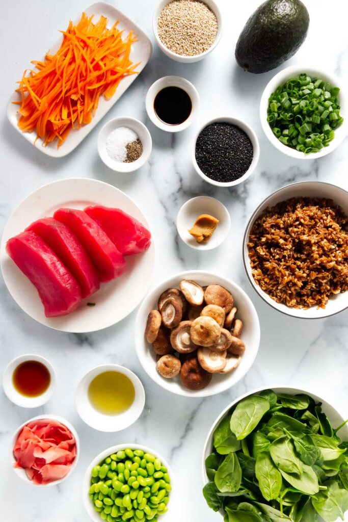 Ingredients used for seared tuna poke bowl recipe.