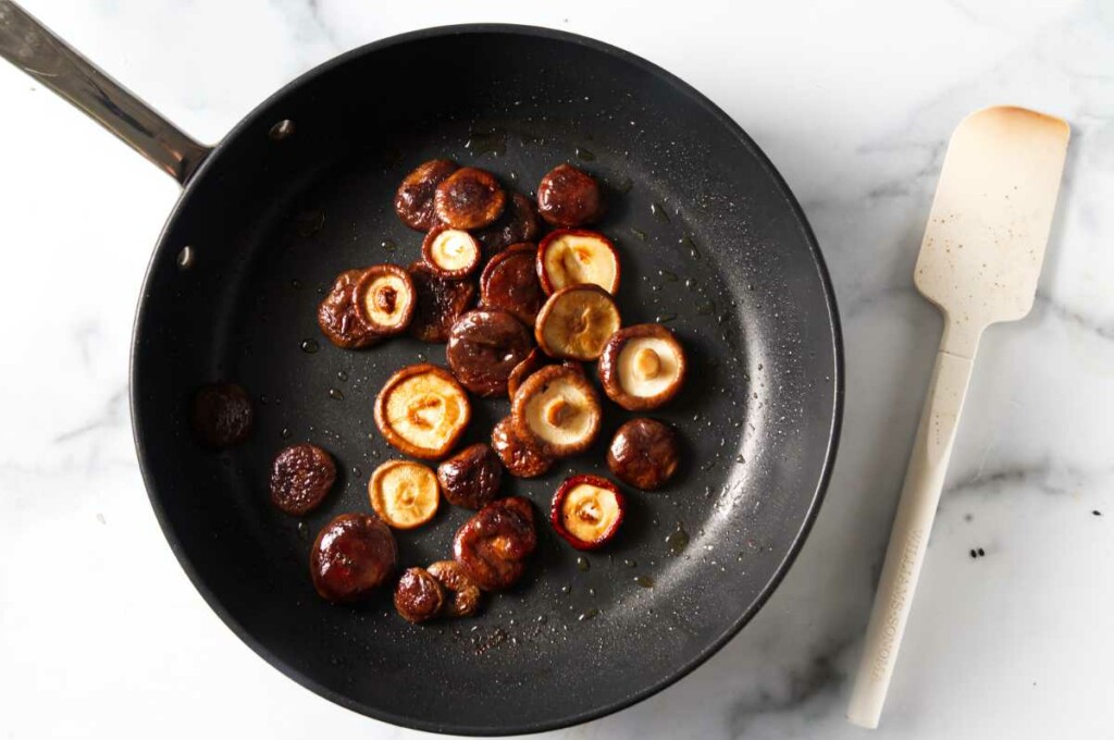 Sauteeing mushrooms for tuna steak bowl.