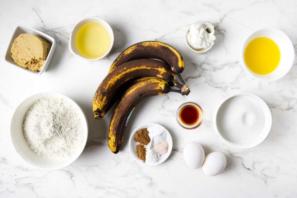 Ingredients used to make banana bread.