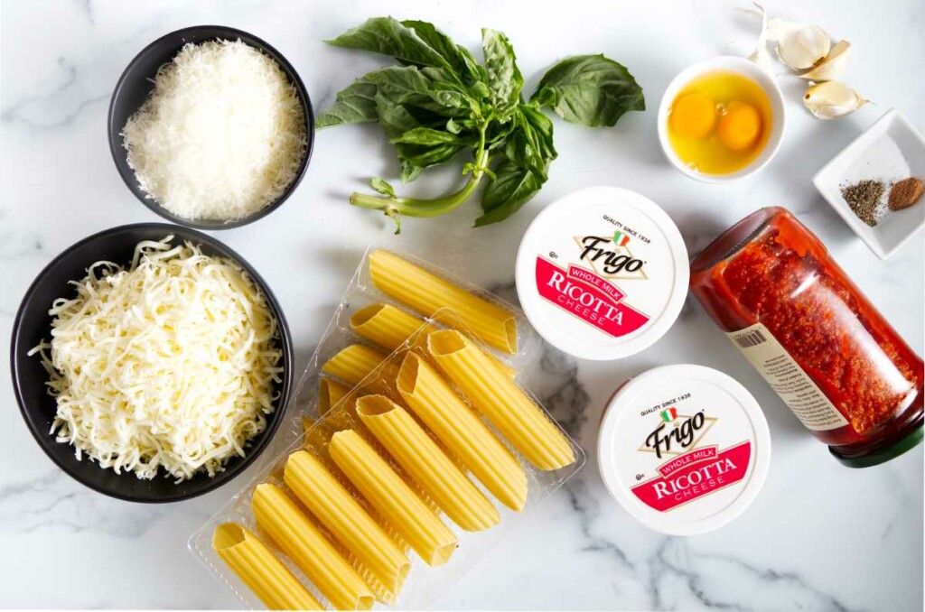 Ingredients used to make basil ricotta manicotti.