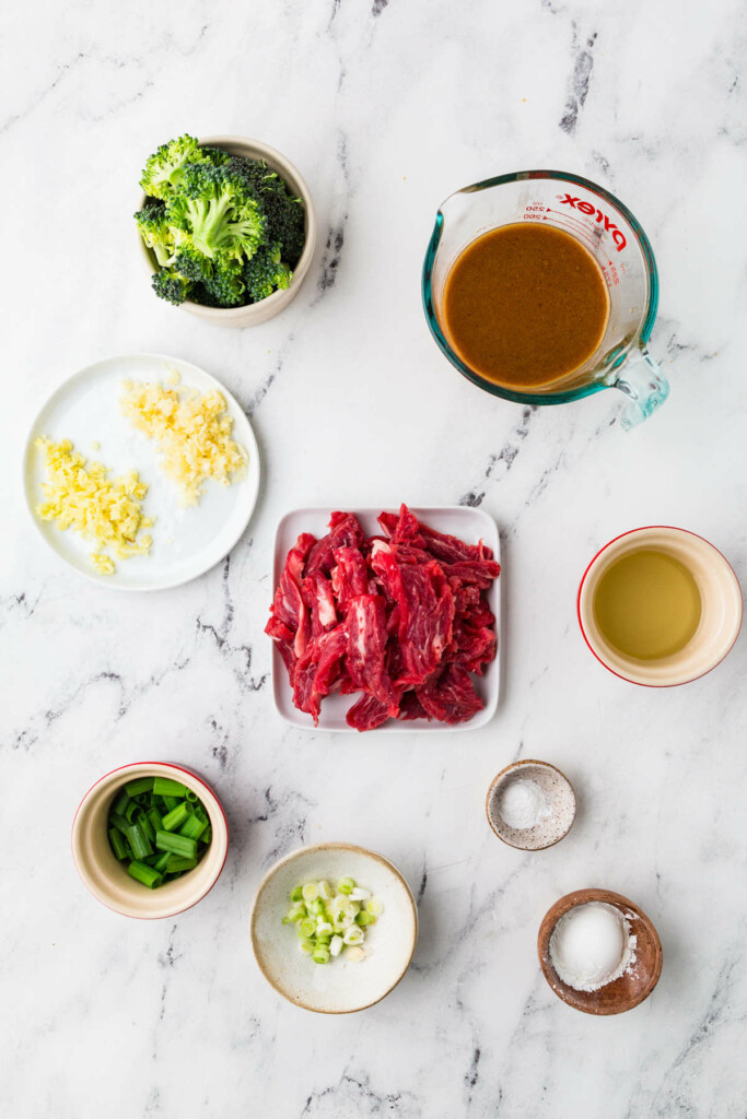 Ingredients used to make a beef and broccoli stir fry.