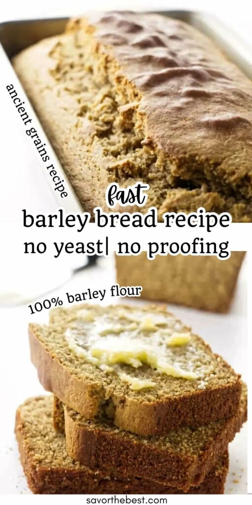 A loaf pan with freshly baked barley flour bread behind three slices of bread.