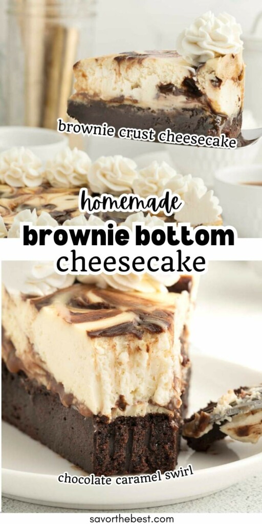 A cheesecake with a brownie crust and chocolate and caramel swirls.