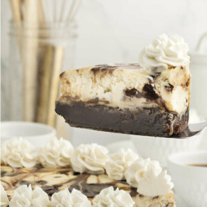 A slice of brownie bottom cheesecake being lifted with a spatula.