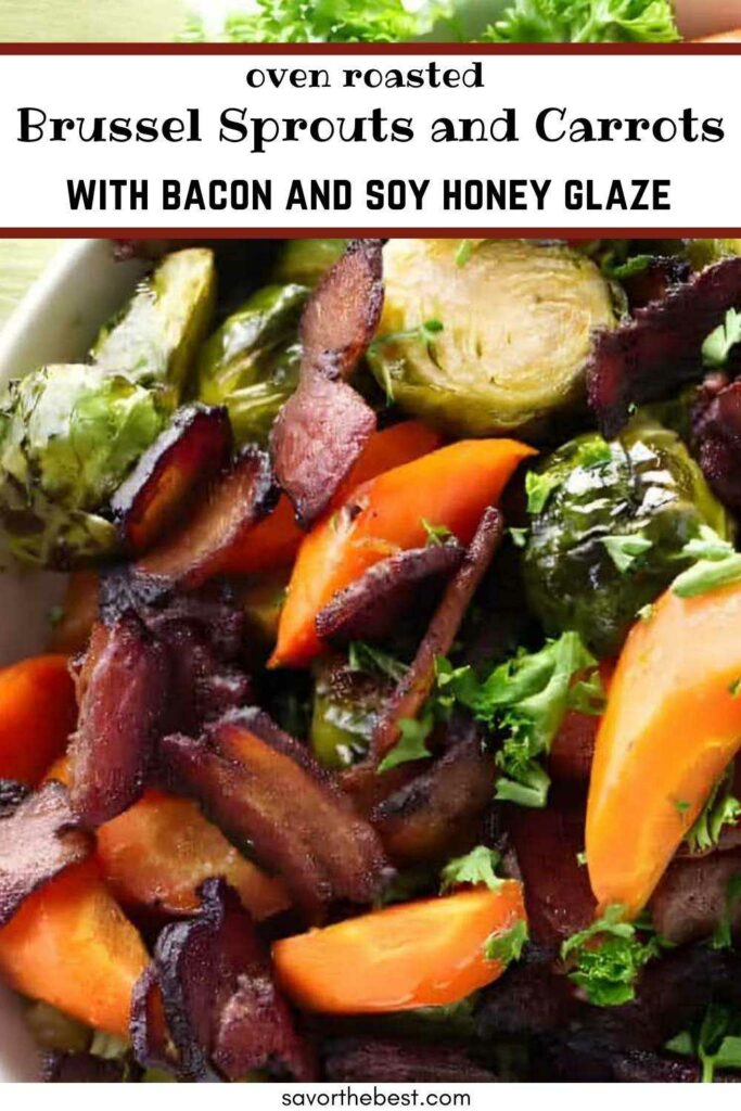 Roasted brussels and carrot slices in a bowl with bacon.