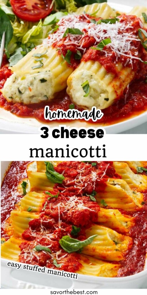 Ricotta filled manicotti on a dinner plate.