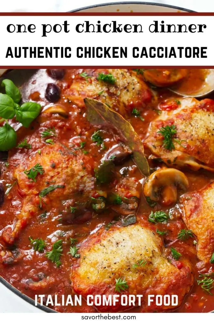 A skillet with chicken cacciatore with mushrooms.