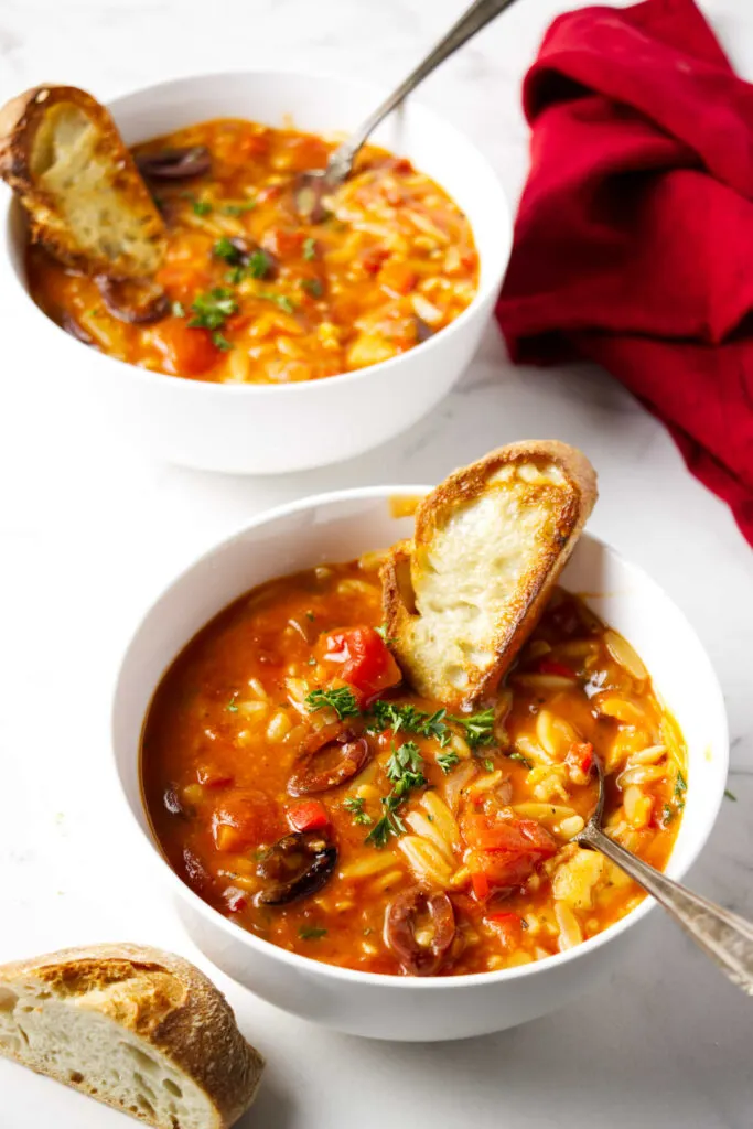 Two bowls of chicken tomato orzo soup.