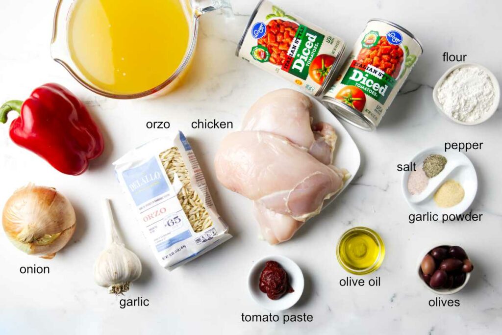 Ingredients used to make chicken cacciatore orzo soup.