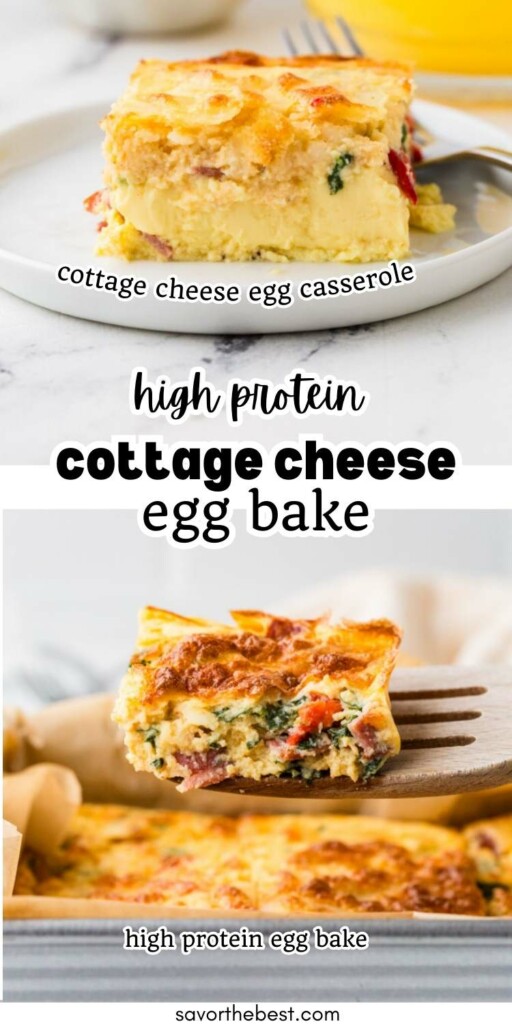 A slice of a breakfast casserole made with eggs and cottage cheese.