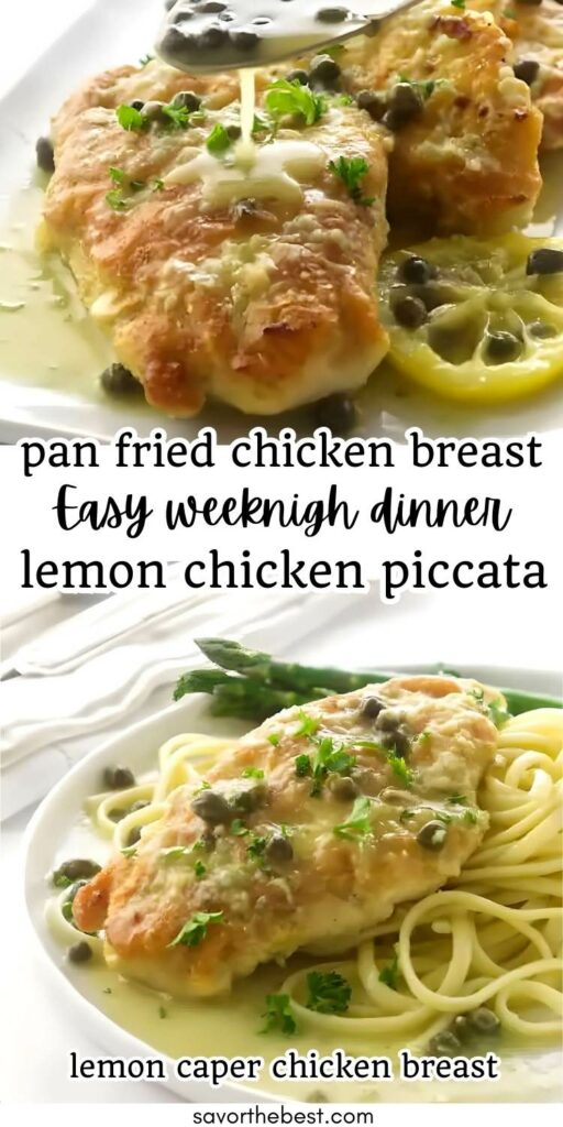 Serving chicken piccata on a bed of pasta.