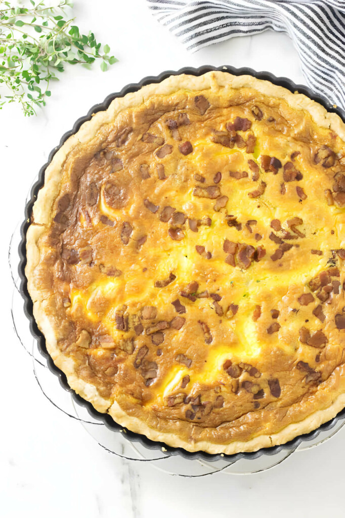 A quiche recipe with goat cheese and bacon and leeks.