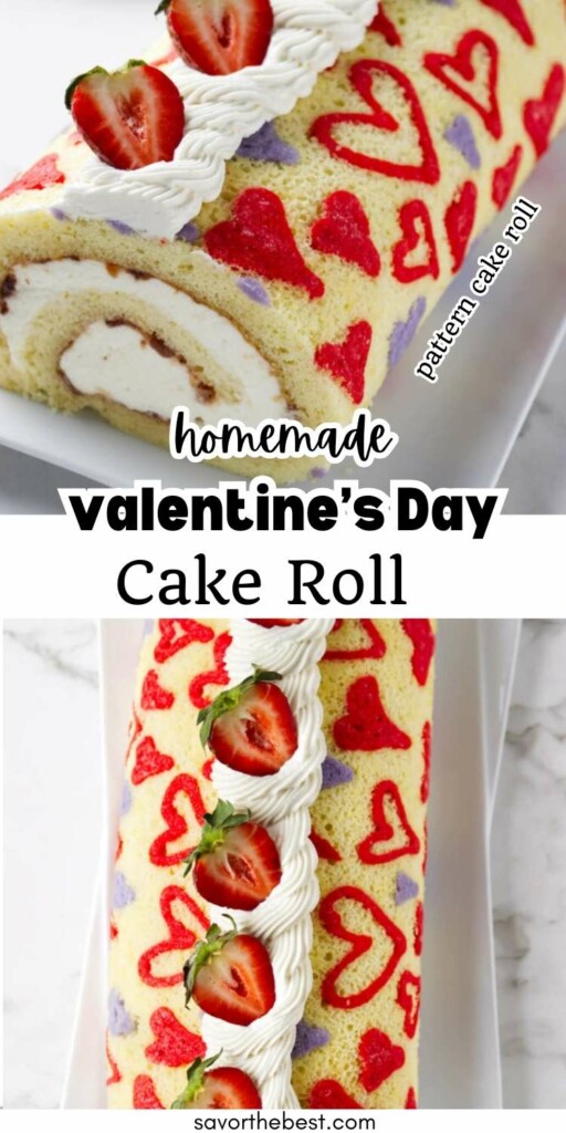 A cake roll with a heart pattern decoration baked into the sponge.