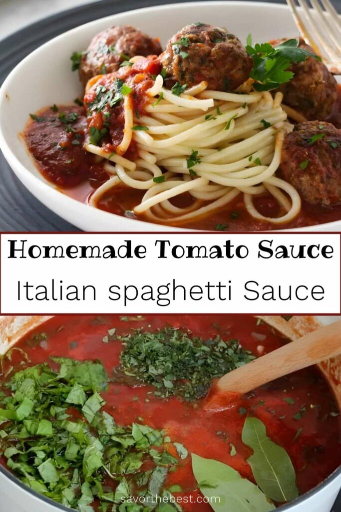 Tomato basil and garlic sauce in a pot and served over spaghetti.