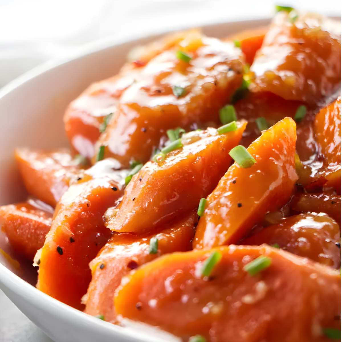 Instant pot carrots in a dish garnished with herb.