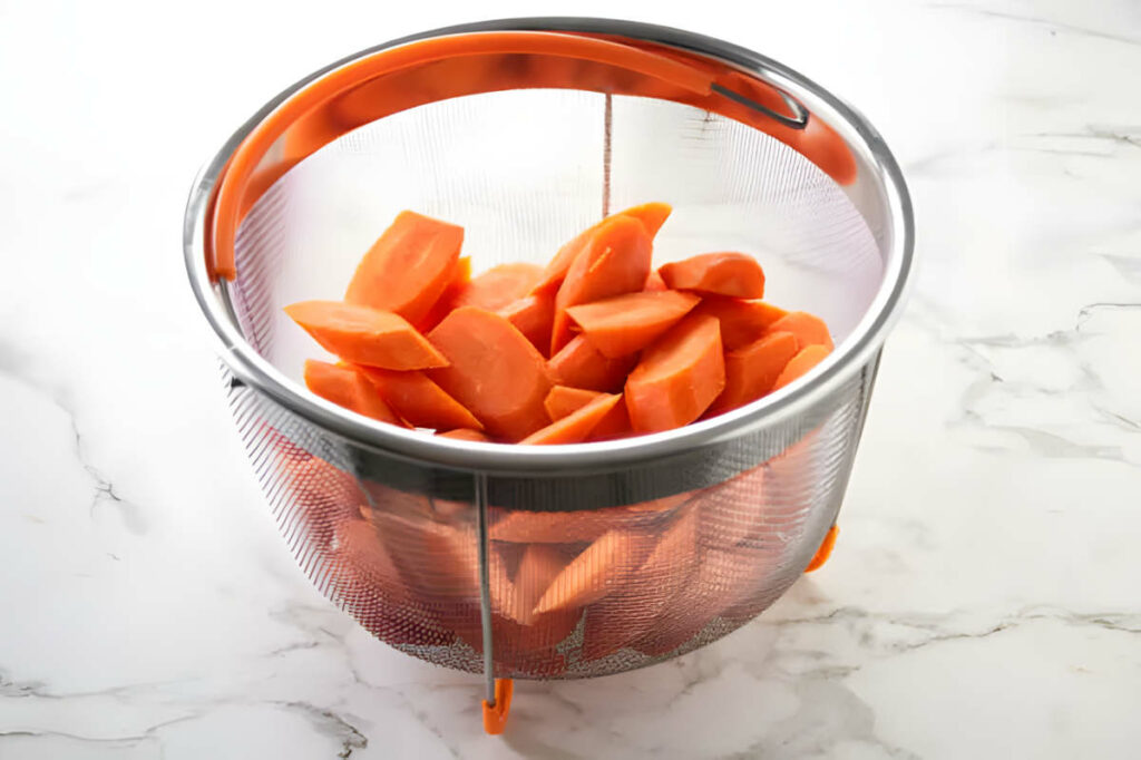 Sliced carrots in a steamer basket.