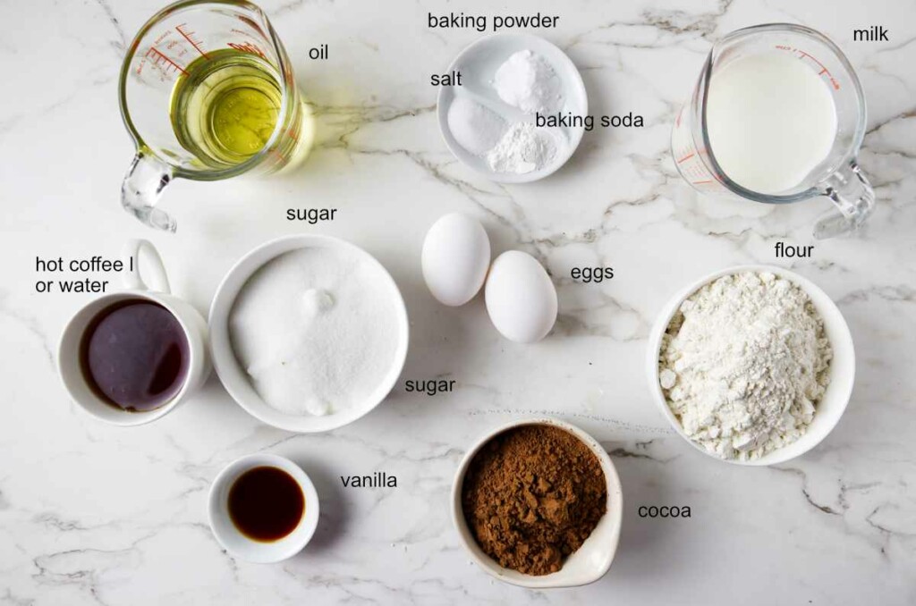 Ingredients used to make chocolate cake.