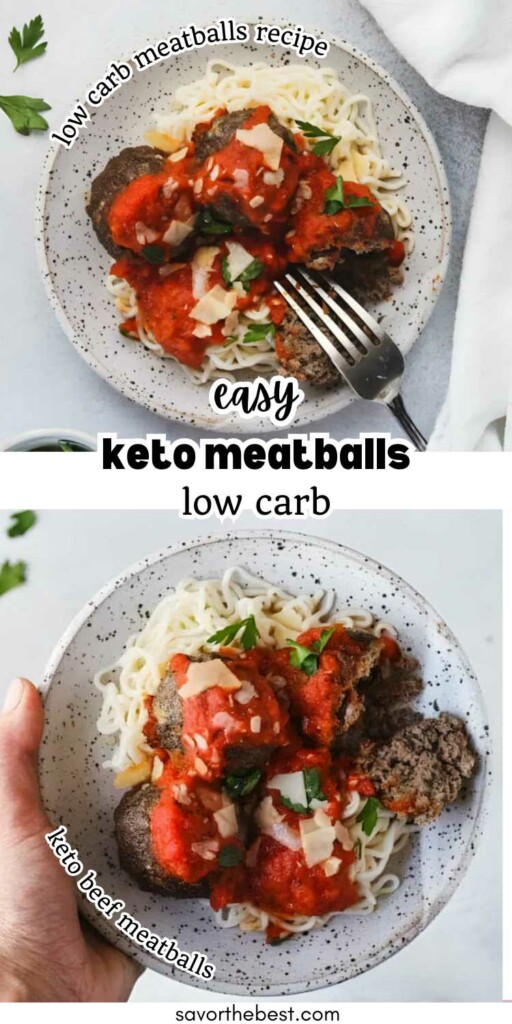 A pinterest pin showing a plate of low carb beef meatballs.