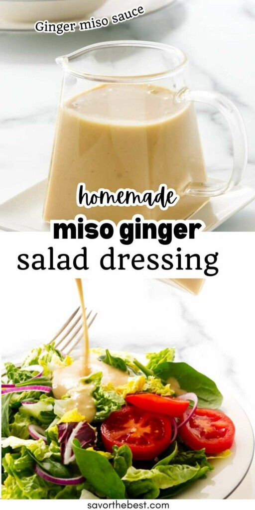 A glass pitcher filled with miso dressing for a salad.