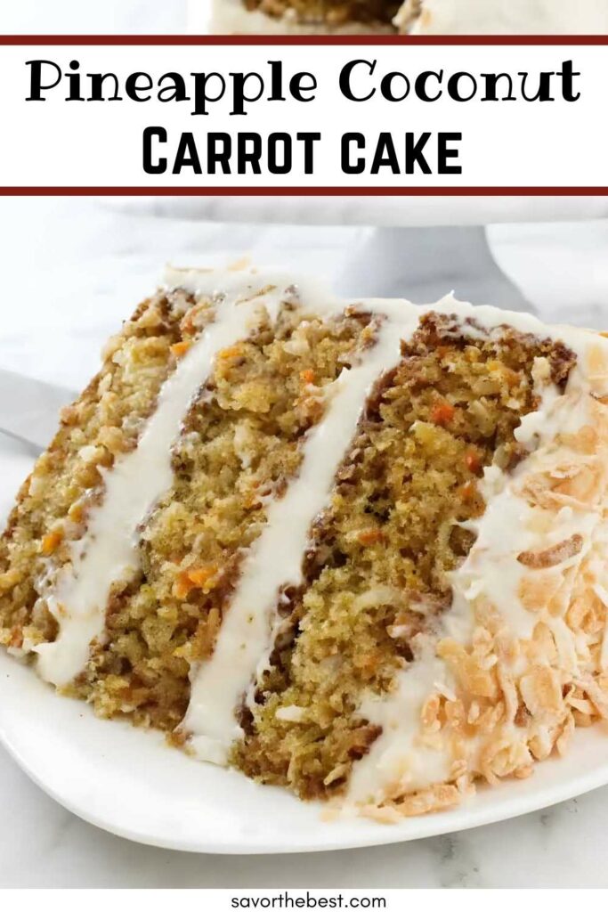 A three layer slice of pineapple carrot cake with coconut.