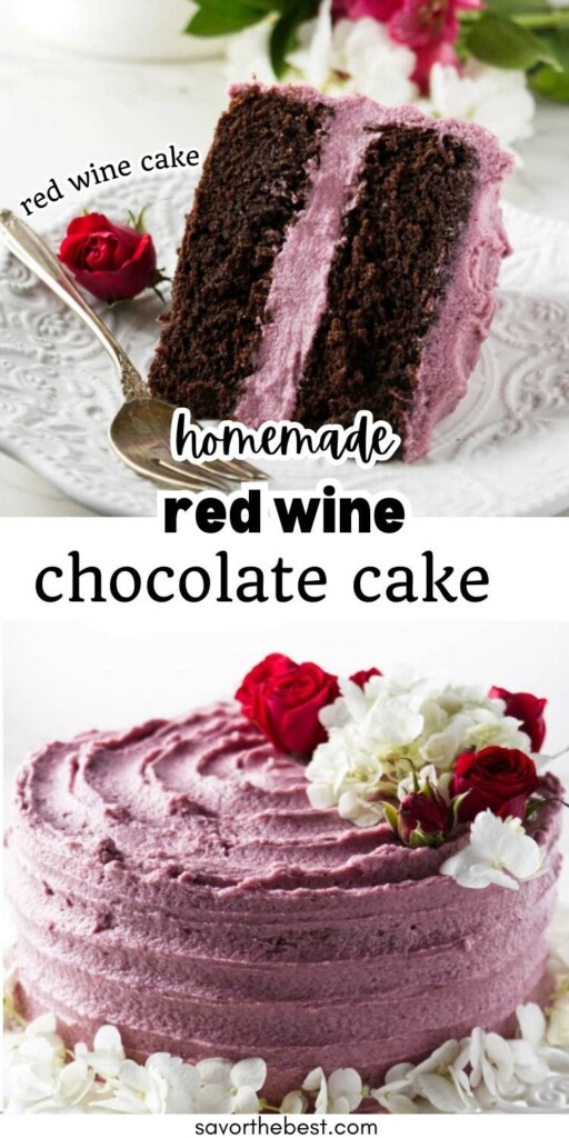 A slice of chocolate cake made with red wine.