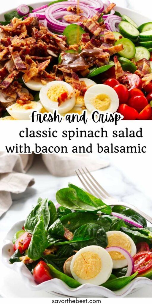 A bowl filled with spinach salad with bacon and eggs.