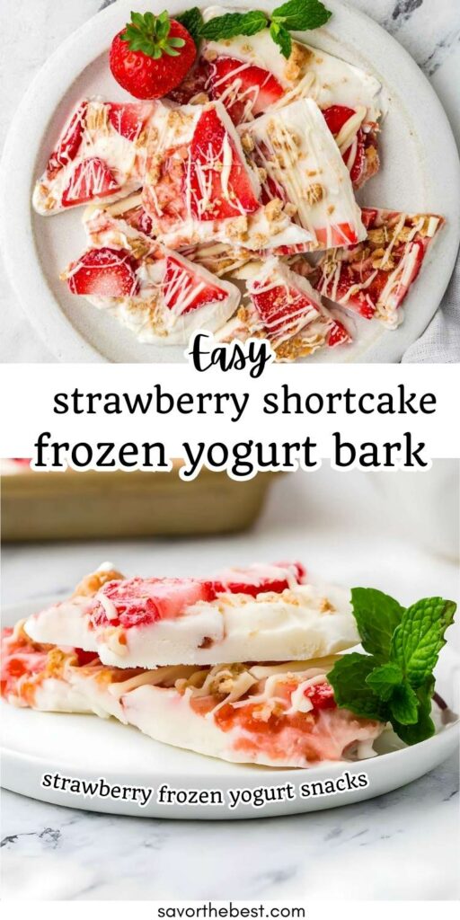 Several pieces of strawberry frozen yogurt bark on a plate with fresh mint.