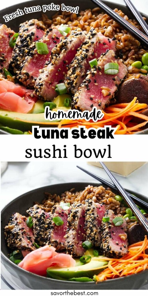 Two fresh tuna steak poke bowls with a pair of chopsticks.