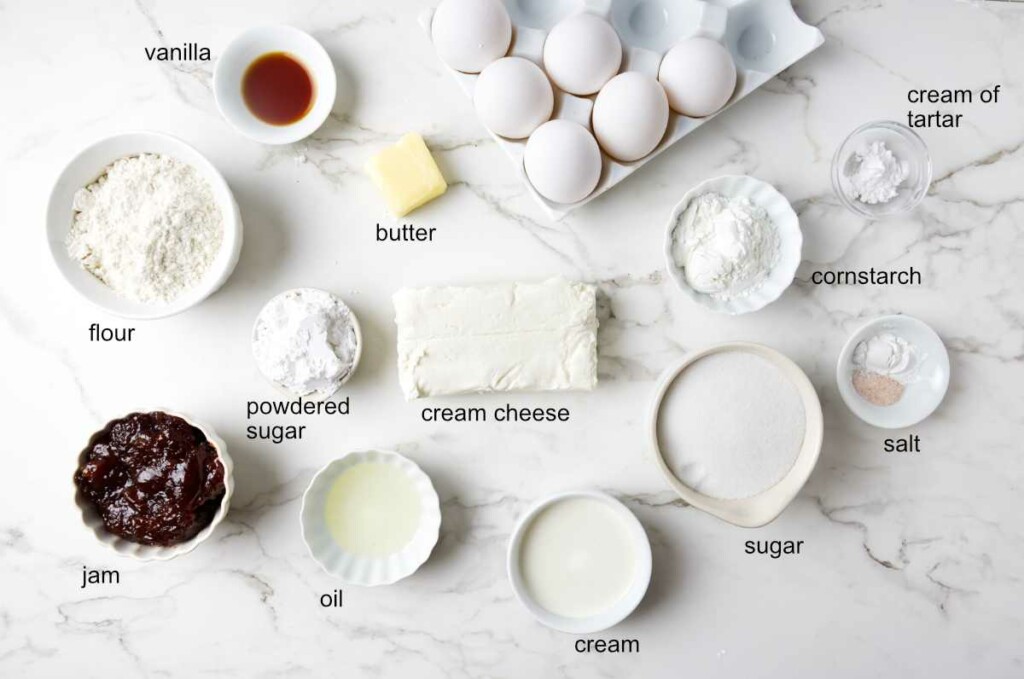 Ingredients used to make a pattern cake roll.