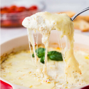 A spoon lifting a serving of baked ricotta dip from a dish.