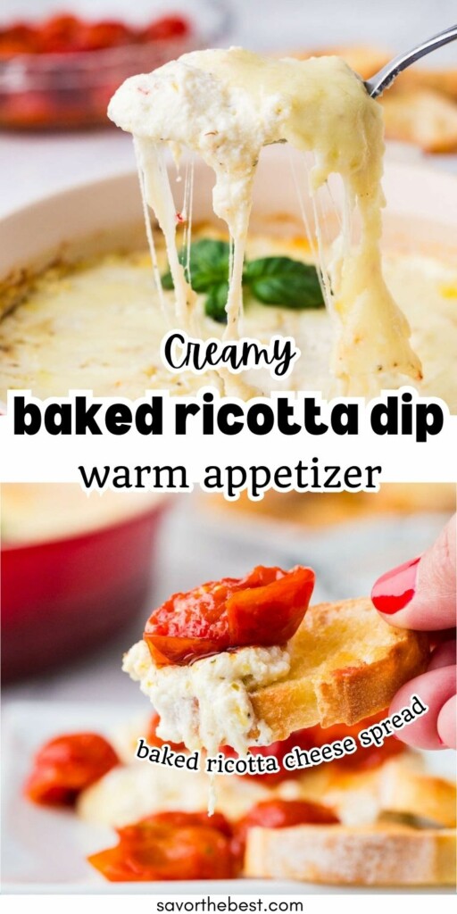 A spoon scooping our a serving of baked ricotta cheese dip.