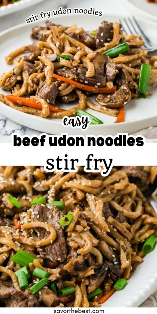 Yaki udon noodles with beef and vegetables on a plate.