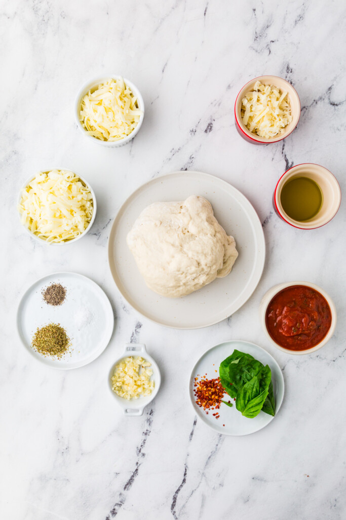 Ingredients used to make pizza dough breadsticks recipe.