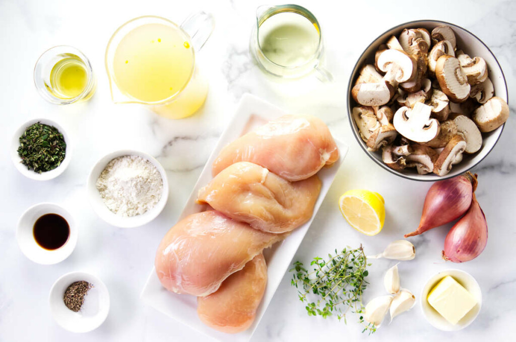 Ingredients used to make chicken breast mushroom sauce.