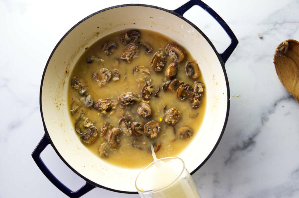 Making mushroom sauce for chicken breasts.