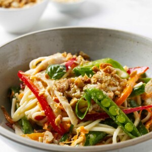 A bowl filled with a noodle salad; miso dressing and peanuts in the background.