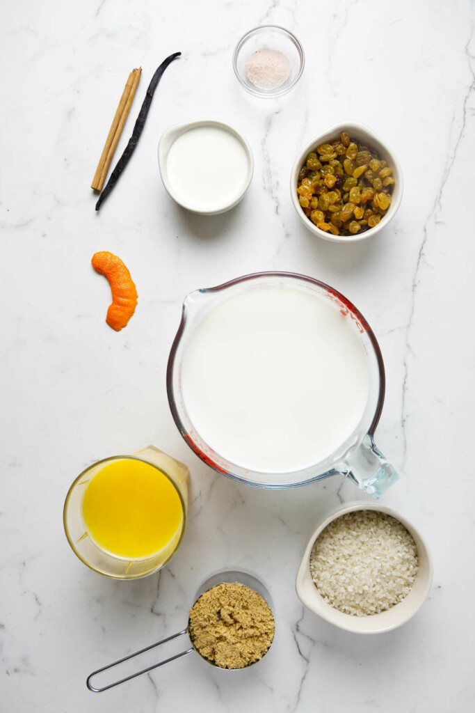 Ingredients used to make rice pudding on the stovetop.